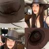 Leather Western Cowboy Hat Autumn and Winter Hat Women's Large Brim Showing Face Small Bucket Hat Outdoor Windproof Mountaineering Hat
