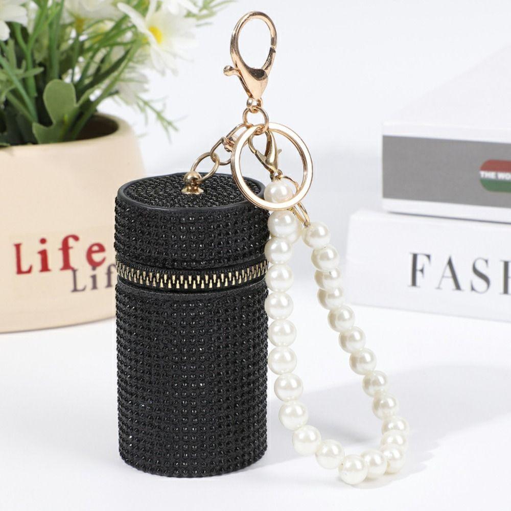 Simple Rhinestone Lipstick Bag Zipper with Keychain Coin Purse Mini Cylindrical Coin Bag
