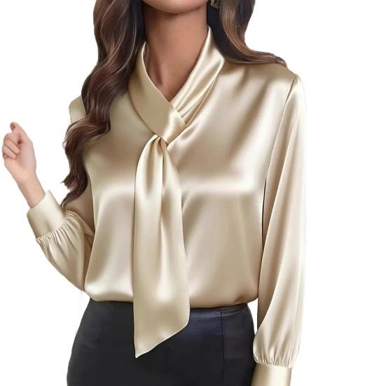 Women Shirt Ribbon V-Neck Long Sleeve Satin Texture Blouse Breathable Regular Fit Casual Work Party Dress Tops