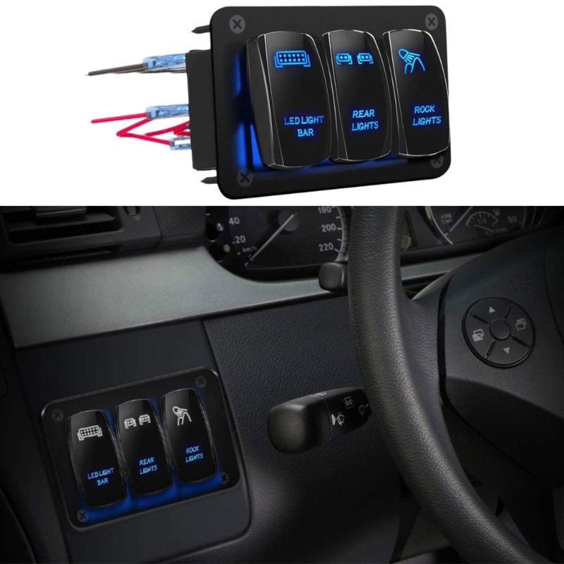 3 Gang Rocker Switches Panel 12V 24V Blue LED Light Toggle Switches LED Light Bar Switches Panel for Marine Automotive