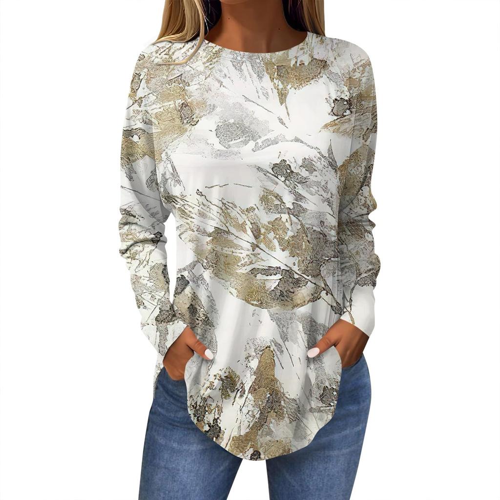 Camiseta de mujer con estampado de hojas en 3D, manga larga, cuello redondo, estilo clásico, ideal para vacaciones, fines de semana, primavera y otoño.