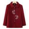 Embroidered Lapel Woolen Coat for Elderly Women - Autumn/Winter, Thickened with Velvet