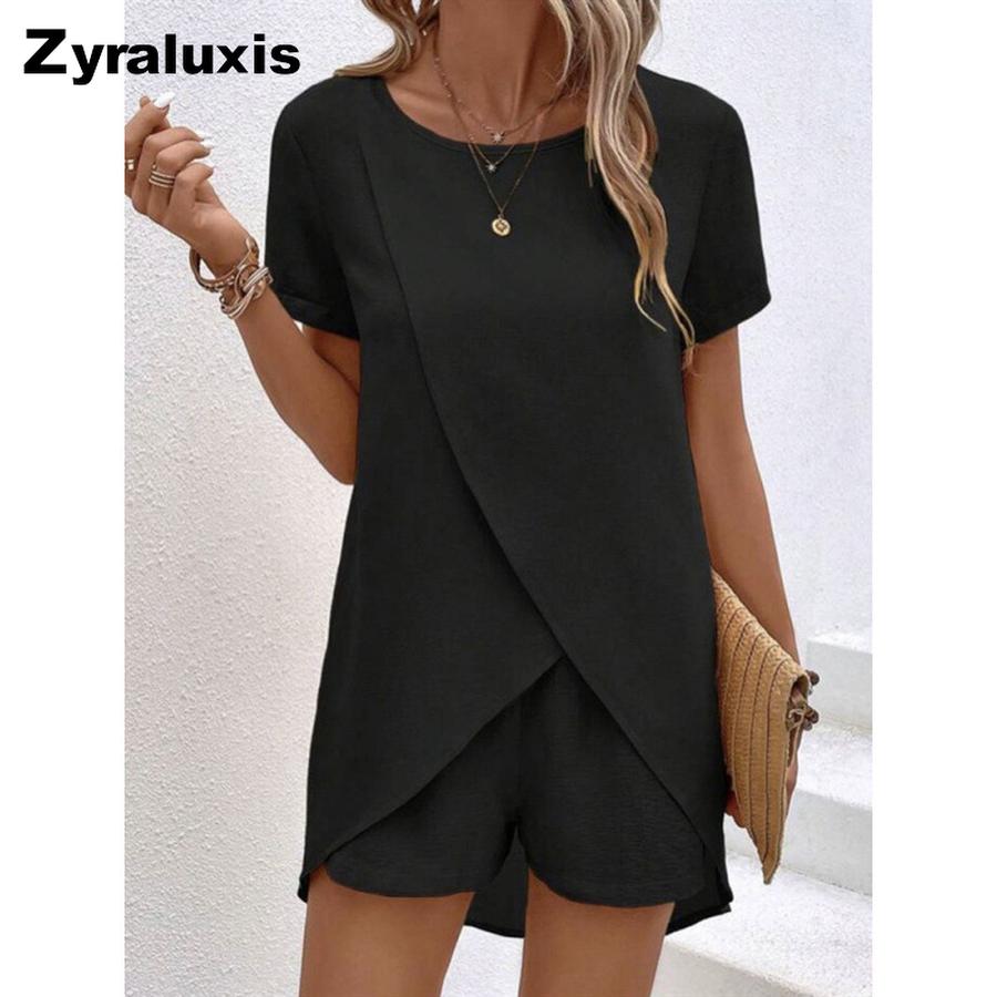 New Summer Women s Two-Piece Set - Irregular Top and Shorts Casual Outfit S чёрный