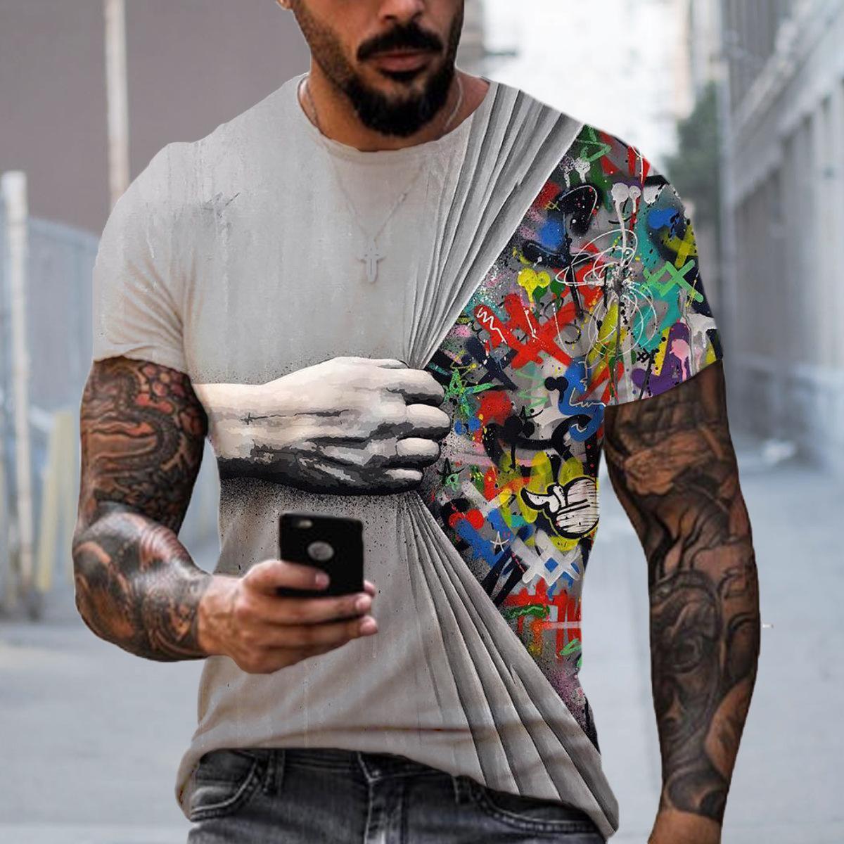 

Лето 2023, мужская модная футболка с 3D цифровым принтом, повседневные свободные топы M серый