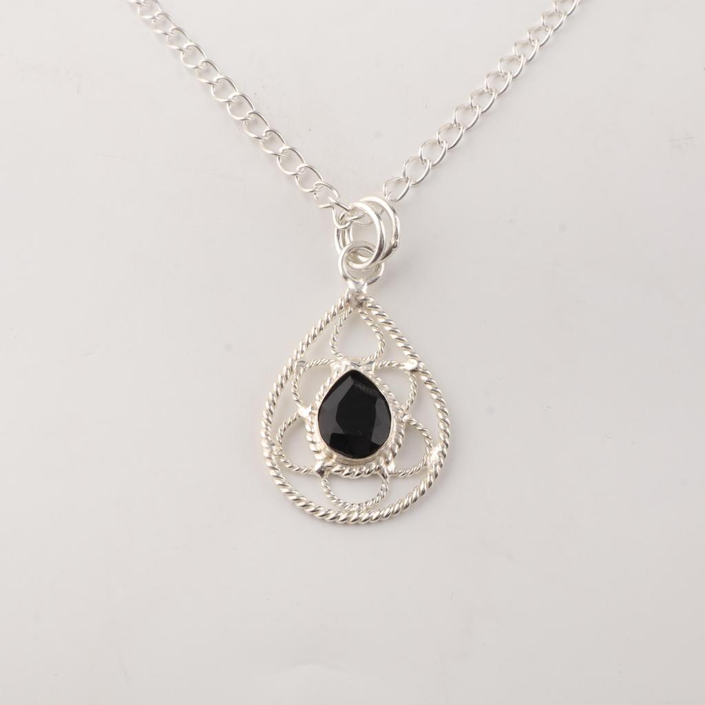 Black Onyx Gemstone 925 Sterling Silver Handcrafted Women Pendant 1.40" For Gift PP-19-36