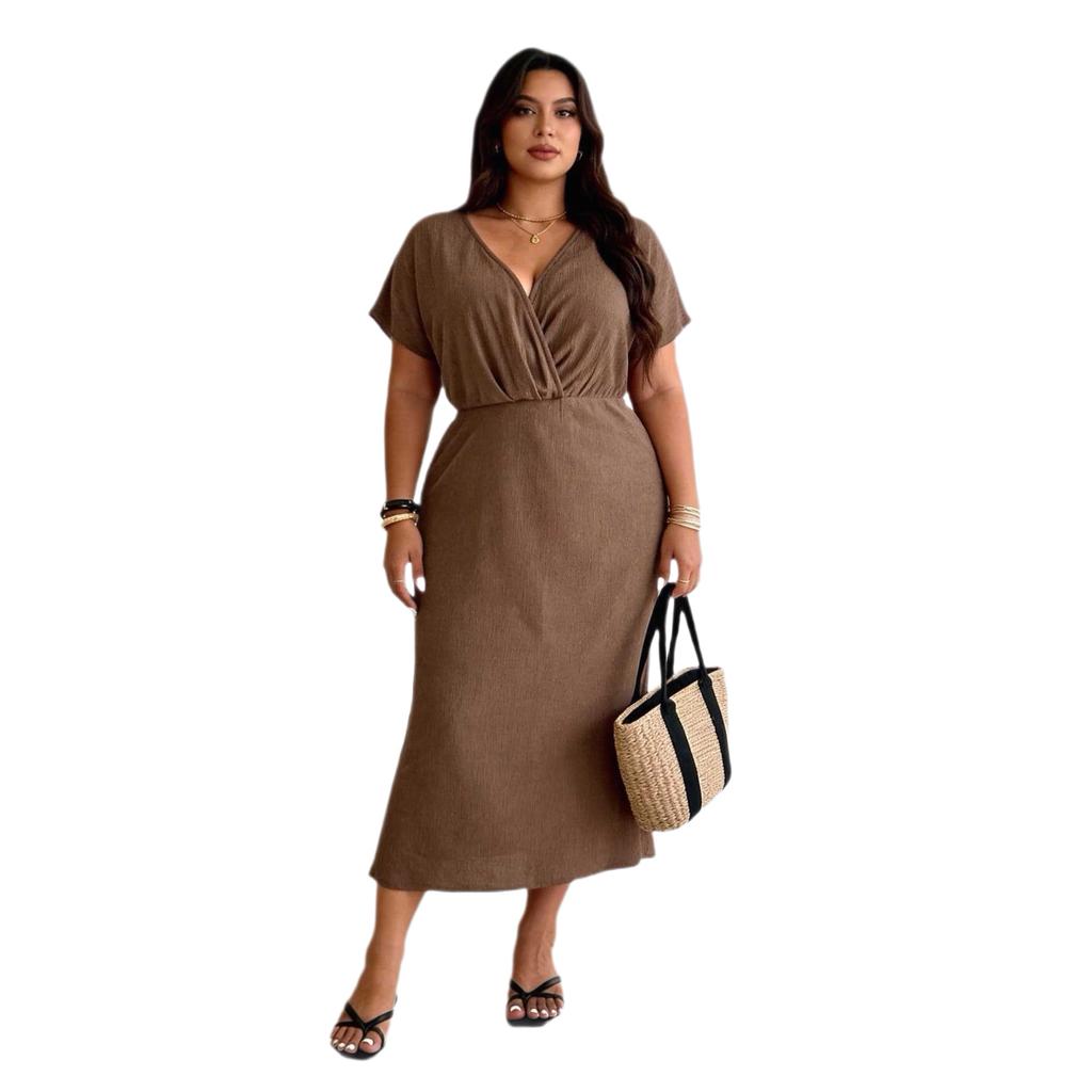 Large size women's clothing summer deep V-neck bat sleeves waist and thin temperament coffee break long dress
