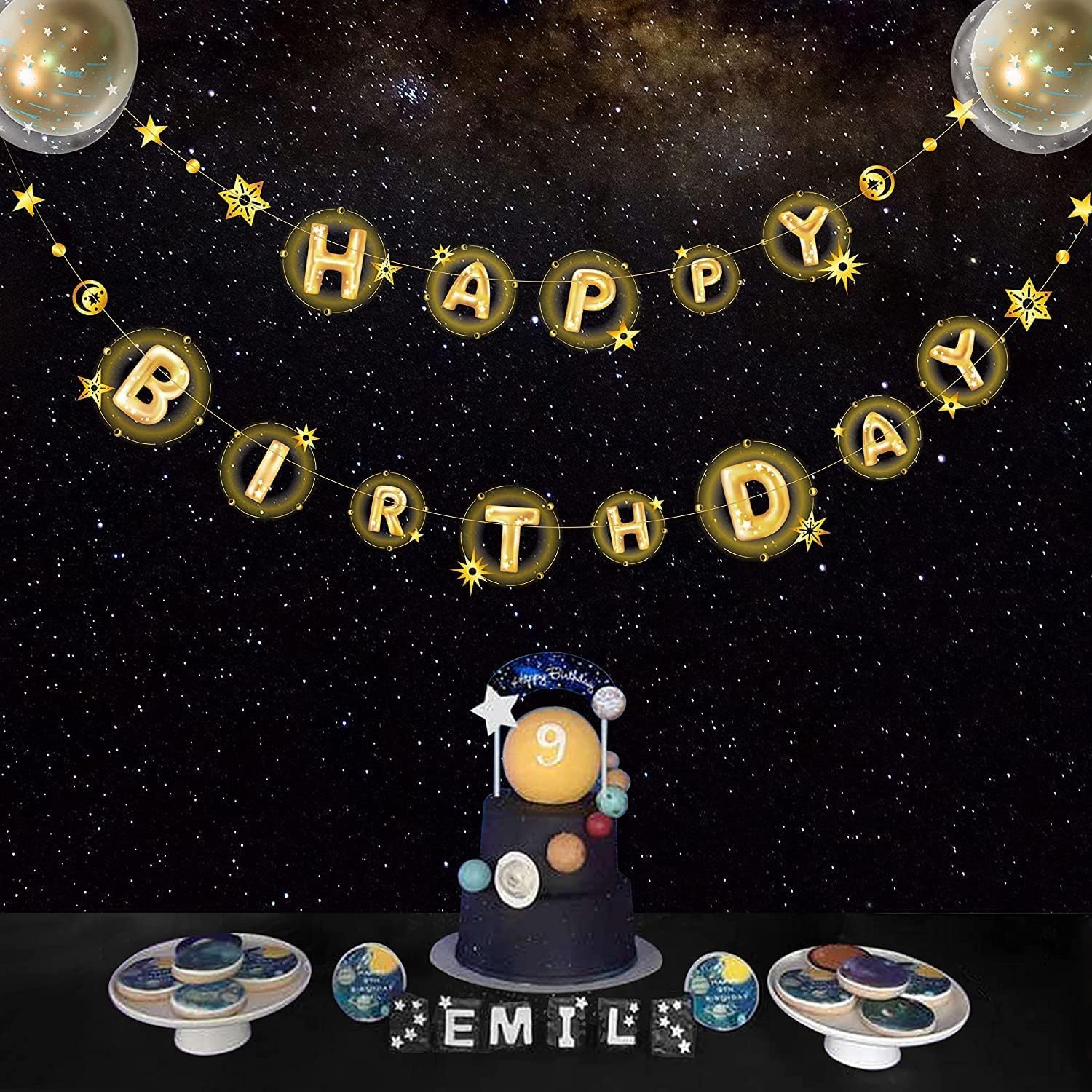 Cheerland Gold Galaxy Happy Birthday Banner Moon Star Birthday Party Decorations Space Garland Party Decor Planet Theme Happy Bday Letter Sign