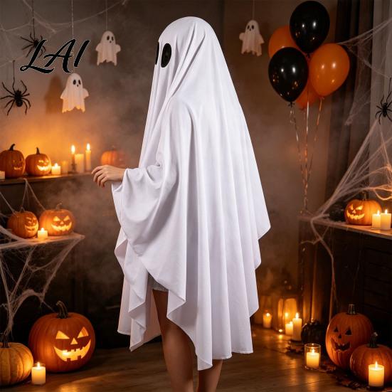 Costume Fantasma per Travestimento di Halloween per Bambini Adulti Cosplay Vestito Mantello Adulto Mantello Bianco Spettrale con Fori Neri per gli Occhi Tuta Facile da Indossare
