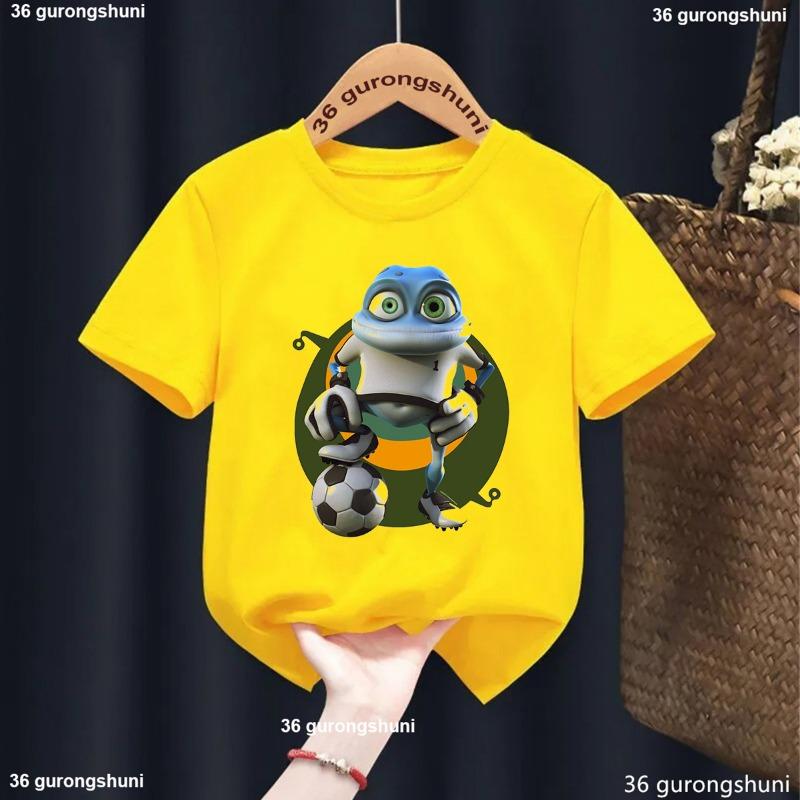 Nové tričko pro kluky/holky Vtipný kreslený potisk Žába, Dětská móda Trendy oblečení pro kluky Bílé s kulatým výstřihem Dětské tričko Top 1-13