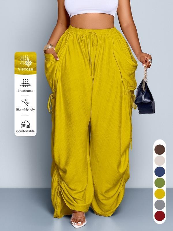 Women's Elastic Drawstring Waist Wide Leg Pants Loose Palazzo Trousers Retro Punk Ruched Casual Pants