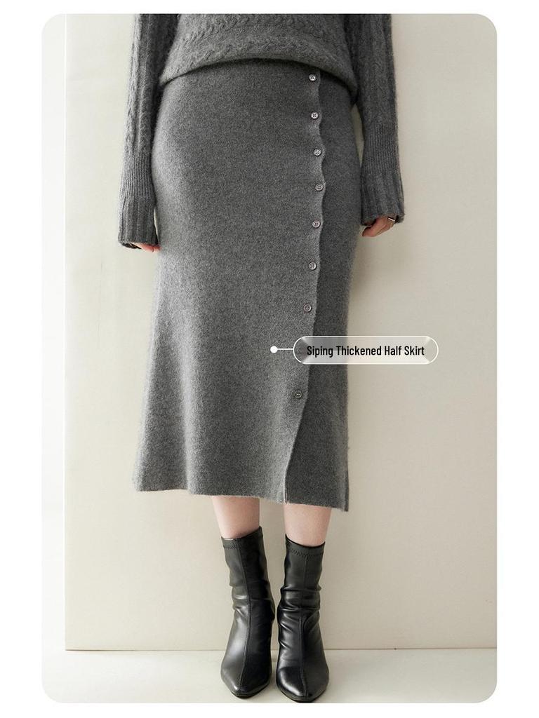 2025 Autumn/Winter Women's Cashmere Sweater & Slimming Knit Midi A-Line Skirt Set