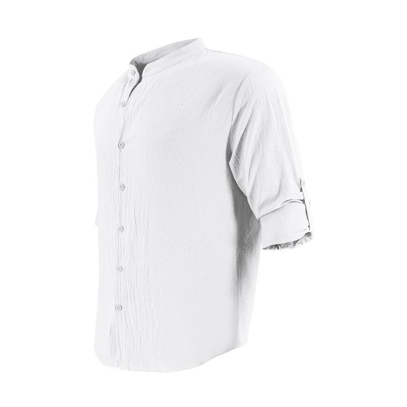Men's Cotton-Linen Stand Collar Breathable Henley Neck Casual Long-Sleeved Shirt