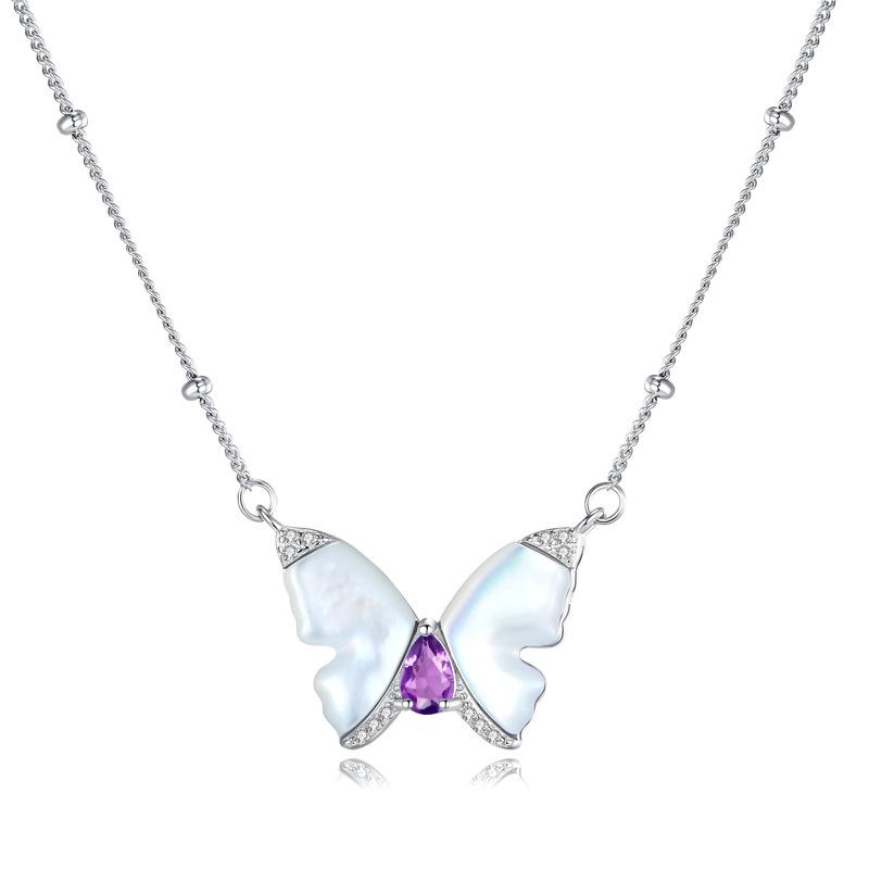 Women s 925 Sterling Silver Butterfly Necklace, Natural Amethyst Crystal Pendant, Elegant Fashion Jewelry Gift 925 silver