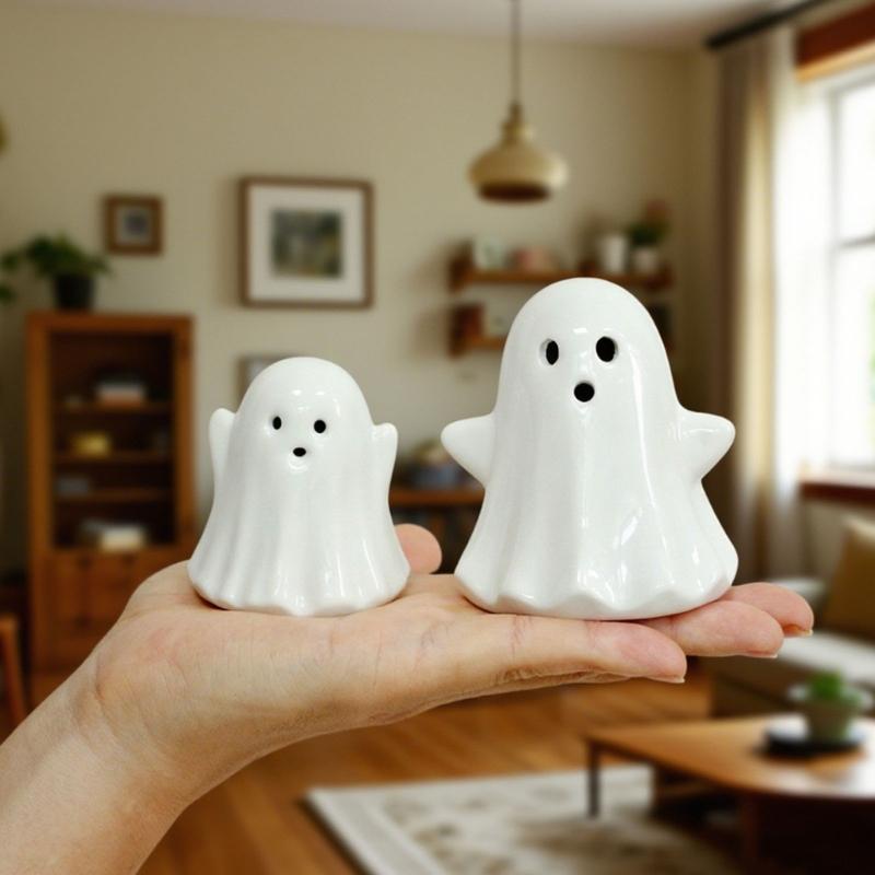 2Pcs Halloween Ceramic Ghostly Figurines With Soft Glows Night Light Handcrafted Holiday Decoration for Bedroom Party Decoration Collectibles