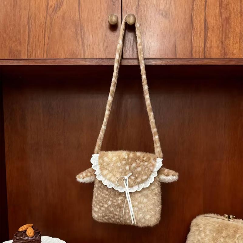 Японская Лолита Сумка на плечо Милый Плюшевый Олень Принт Сумка Ручная Сумка Кружевной Бант Y2k Подмышечная Сумка Магнитная Застежка Кошелек Сумка Через Плечо Phe Сумка