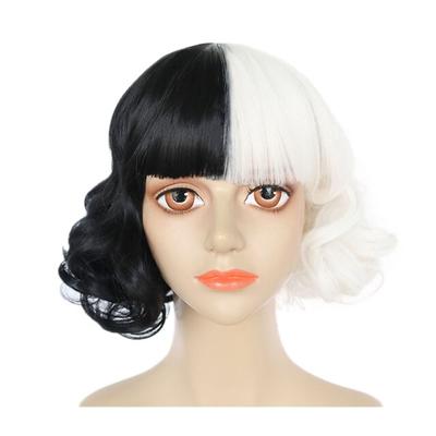 Short Curly Wig Cosplay Costume Heat Resistant Synthetic Hair Cruellas De Vil Womens Carnival Party Wigs