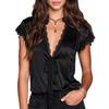 Sommer Unifarben V-Ausschnitt Spitze Patchwork Kurzarm Freizeit T-Shirt Top für Damen, Europäischer Amerikanischer Sexy Stil