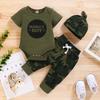 Set di Abbigliamento per Neonato Maschio 0-18 Mesi Body a Manica Corta con Stampa Lettere+Pantaloni Mimetici+Cappello 3 Pezzi Abbigliamento Estivo per Bambino