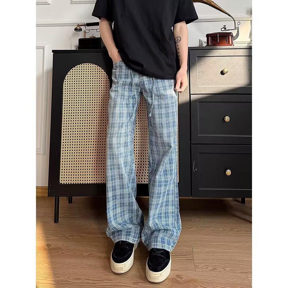 Plaid jeans men's summer thin trendy brand ruffian handsome fried street pants American high street loose straight slightly pulled