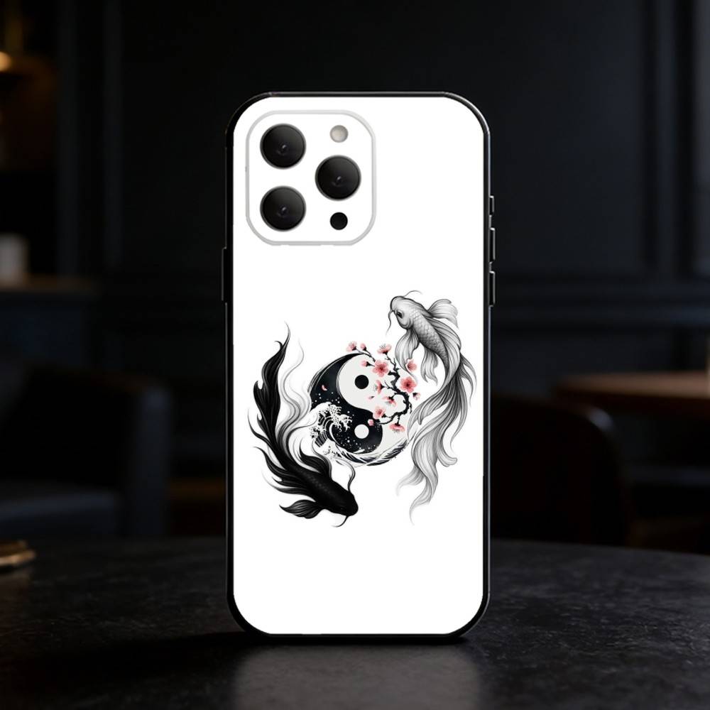 Koi Carp Fish Yin Yang Art Phone Case For iPhone 17,16,15,14,13,12,11 Plus,Pro,Max,Mini Silicone Black Soft Cover
