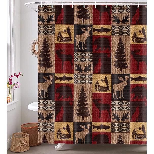Rustic Patchwork Shower Curtain, Bear Moose Deer Tree Woodland Wild Animal Retro Country Cabin Farmhouse Fabric Shower Curtains for Bathroom,