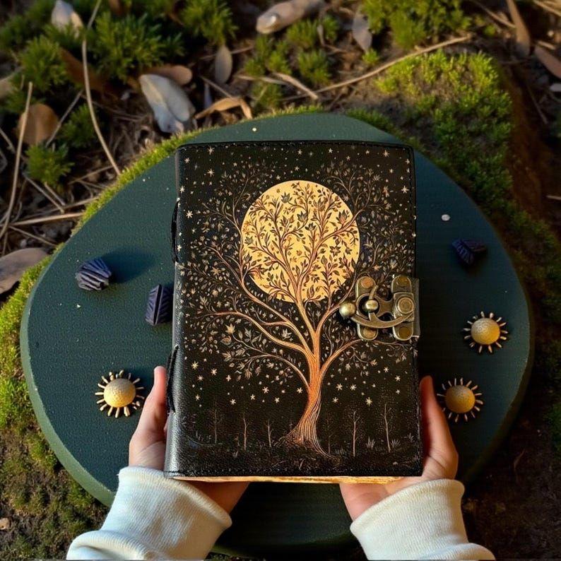 Tree of Life Book of Shadows, Moon Tree Leather Grimoire, Wiccan Pagan Witchcraft Journal, Celestial Spellbook with Deckle Paper
