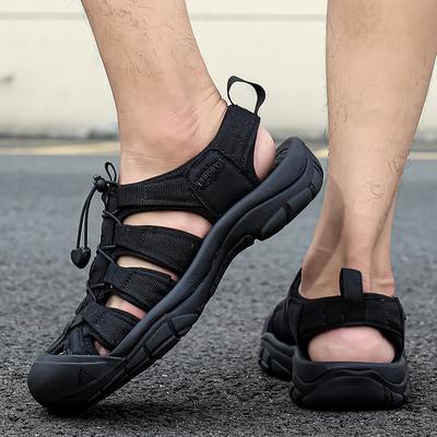 Summer Breathable Mens Leather Casual Sandals Protective Toe Outdoor Thick Soled Leather Beach Vacation Sandals Hiking Sneakers