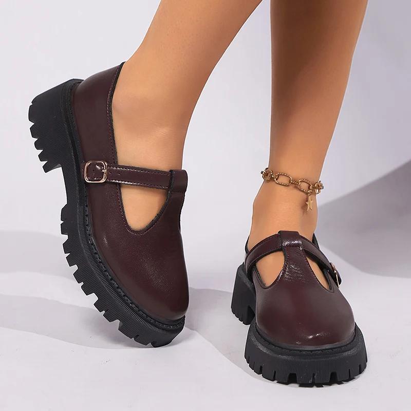 2025 Round Toe Platform Mary Jane Shoes Women British Style Thick Bottom Pu Leather Shoes Woman Comfort T Strap Loafers Size 42