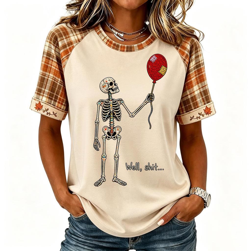 Women's Halloween Short Sleeve T-Shirt Neck Raglan Print Top
