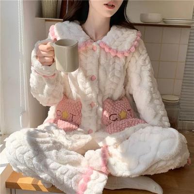Piżama Damska Zimowa Gruba Koralowy Aksamit Słodka i Urocza Kołnierzyk Lalki Pszenicznej Styl Kardiganu Księżniczki Ubranie Domowe Można Nosić