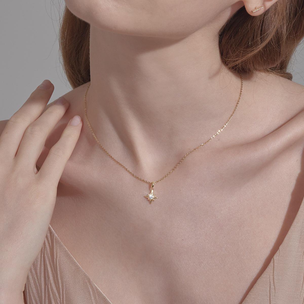 14K Gold-Plated S925 Sterling Silver Necklace with Zircon Inlaid Eight-Pointed Star Pendant 925 Sterling Silver