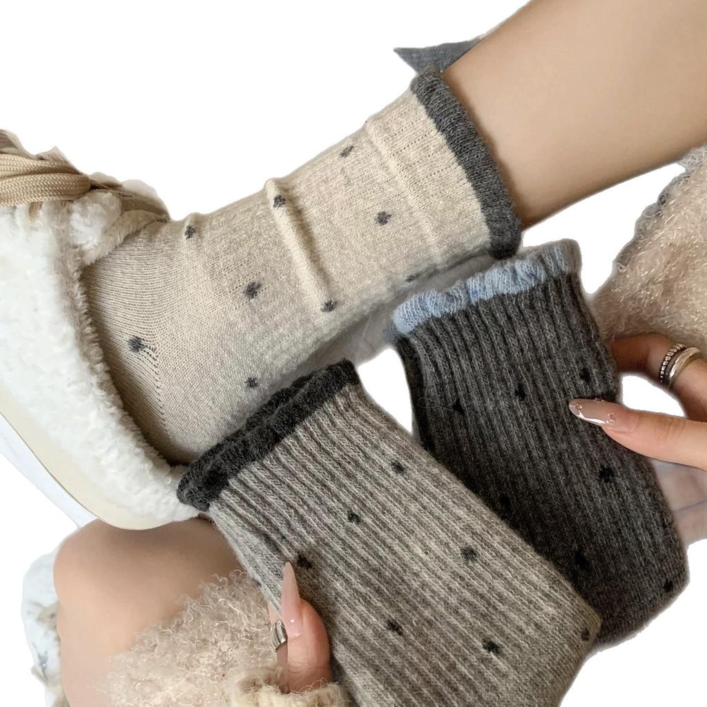 Winter Lace Color-Blocking Polka Dot Wool Socks Thickened Warm Birkenstock Stockings Piled Up With Socks