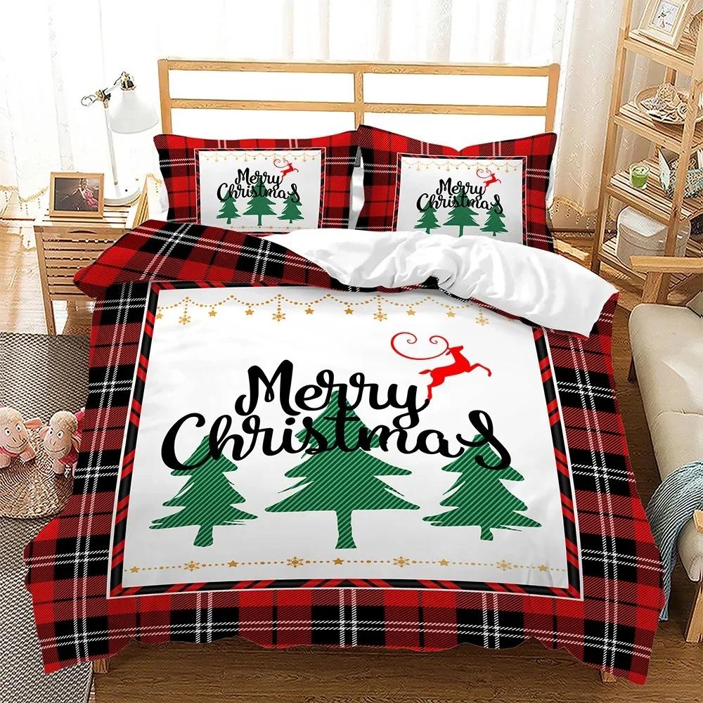 Navidad Plaid Merry Christmas Tree Duvet Cover Twin King Festival Santa Deer Bedding Set Polyester Quilt For Adults Home Decor
