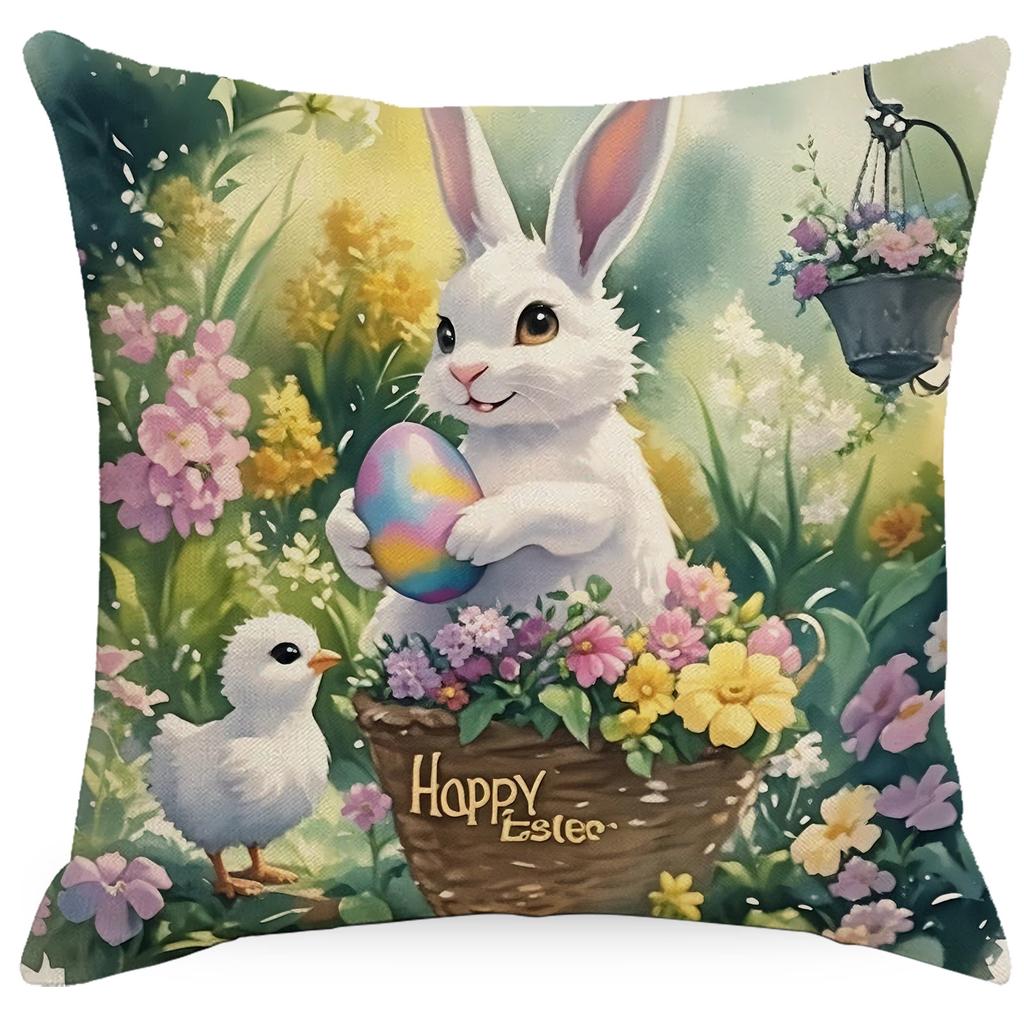 New Easter Pillowcase Watercolor Flowers Rabbit Home Pillow Cushion Cover