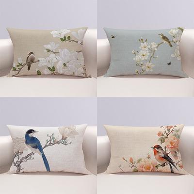 Cuscino Rettangolare Serie di Immagini Fiori e Uccelli Federa in Cotone e Canapa a Doppia Faccia Cuscino per Casa Divano