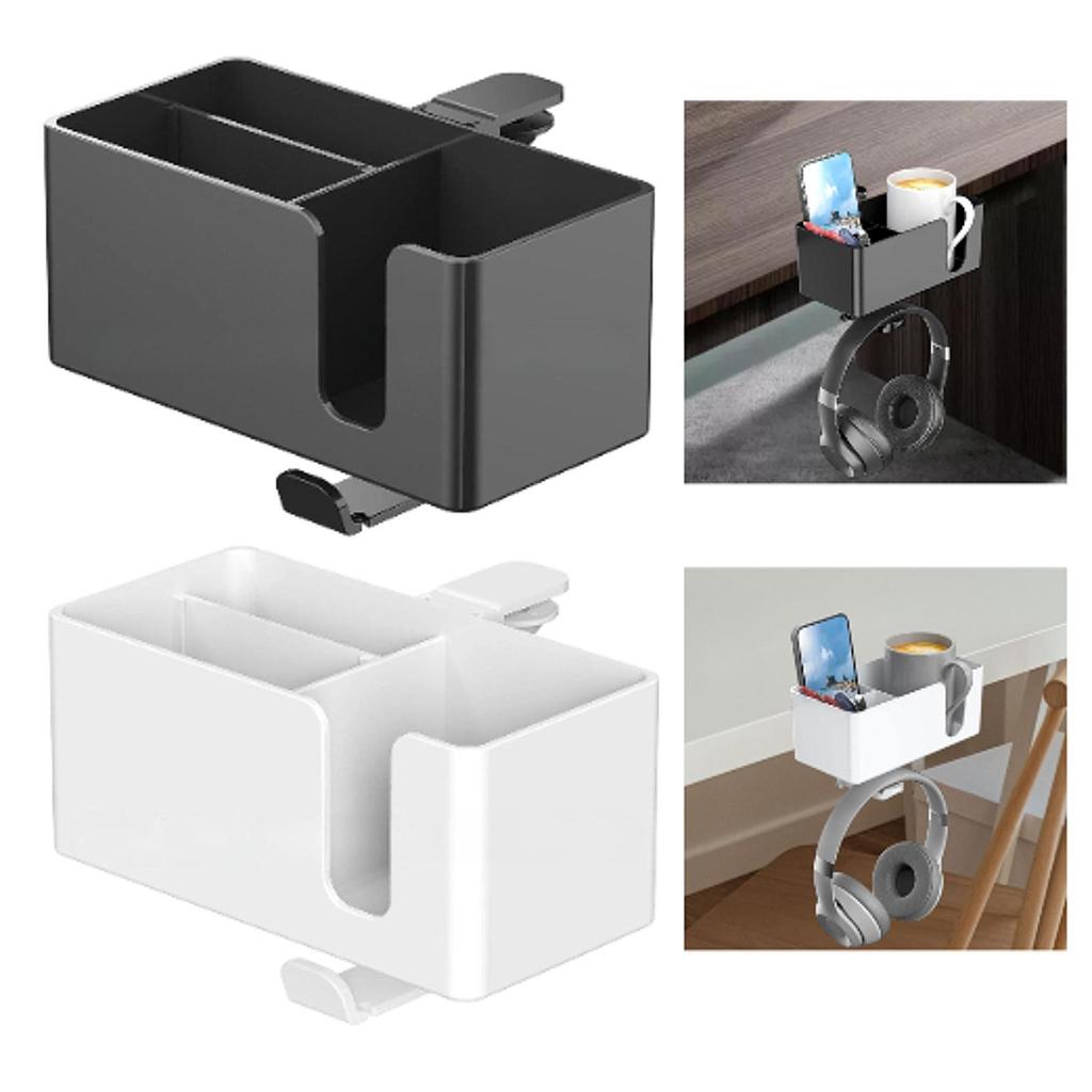 Phone Pen Storage Box 4 in 1 Desk Cup Holder Clamp on Under Desk Headphone Hanger for Workstation Coffee Mug Dorm NightStand