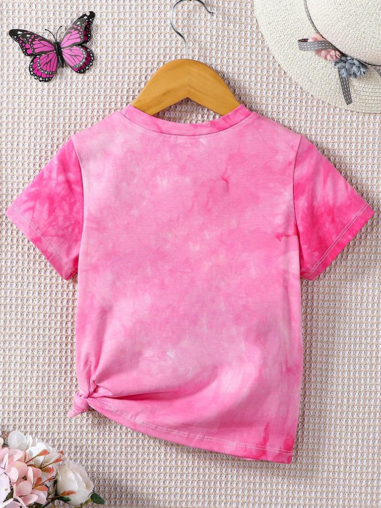Kids Girls Pink Tie Dye Side Knot Hem Round Neck Short Sleeve T-shirt Summer Casual Daily Soft Breathable Basic Tee