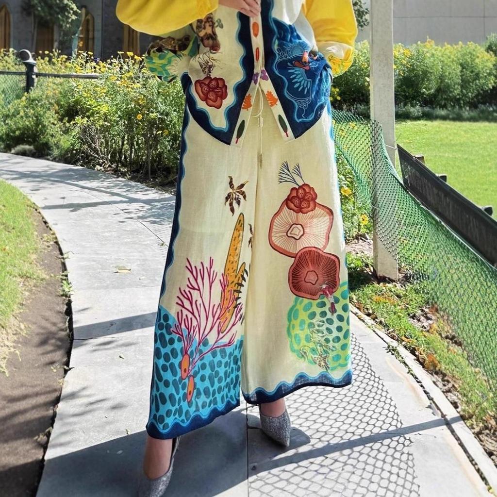 2025 European-American Linen Holiday Casual Printed Pants Set