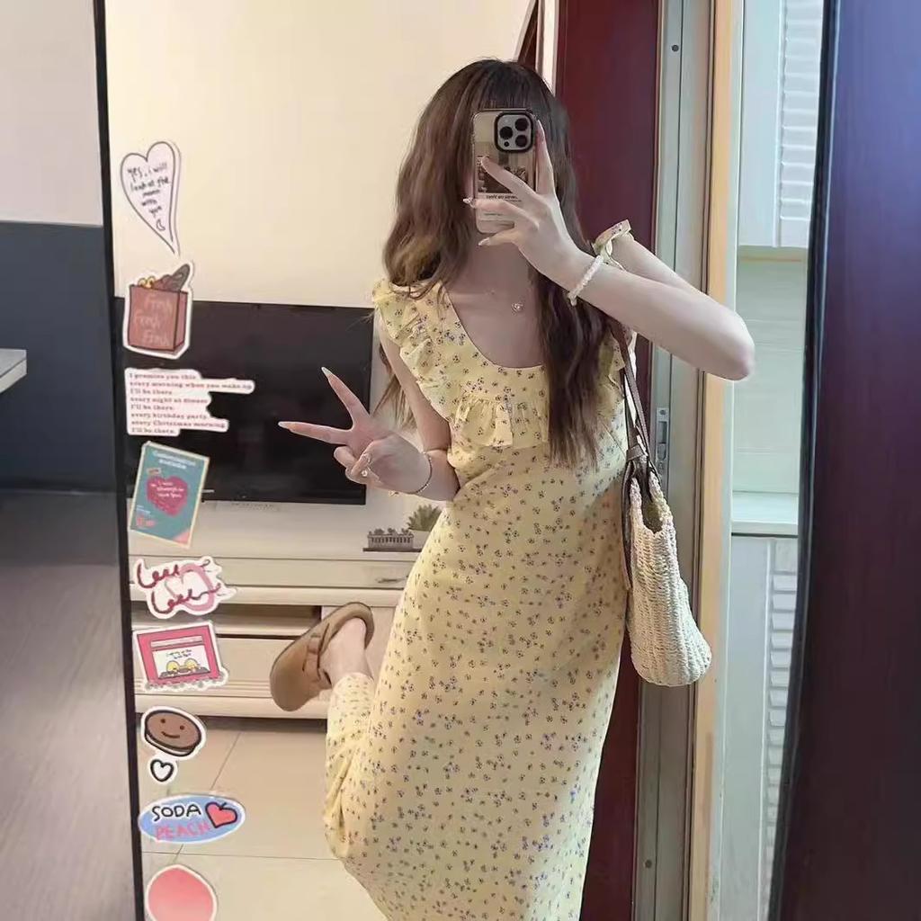 French retro floral dress medium and long temperament lady square neck ruffle edge skirt children's summer knee dress