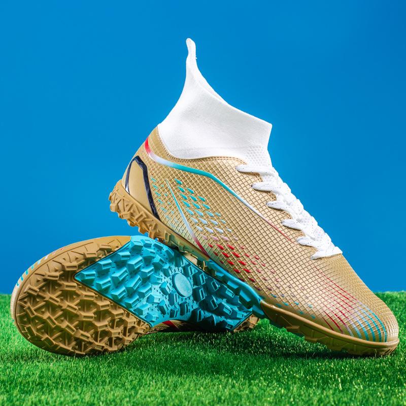 High-top football shoes, men's and women's broken nail sneakers, genuine long nails, non-slip, adult fake grass professional football shoes