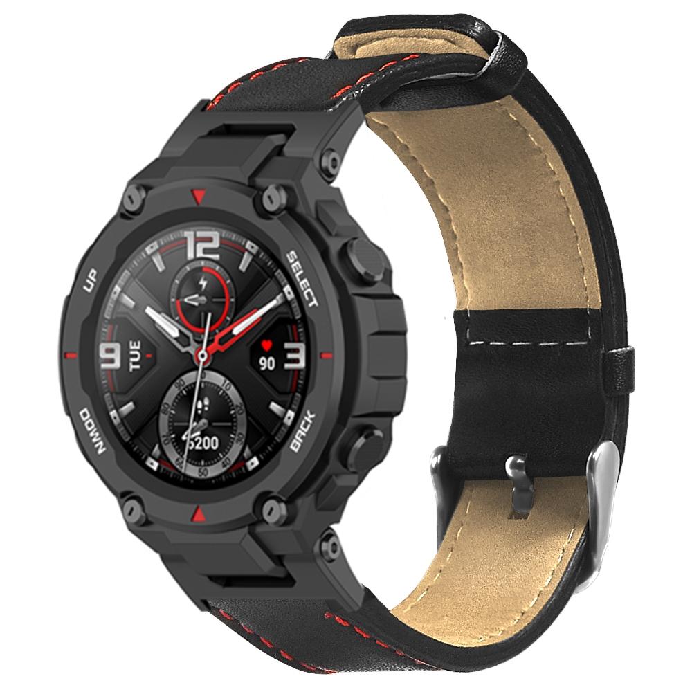 Pro Huami Amazfit T-Rex/T-Rex Pro Náhradní řemínek k hodinkám Prošívaný Kožený Náramek,Černý