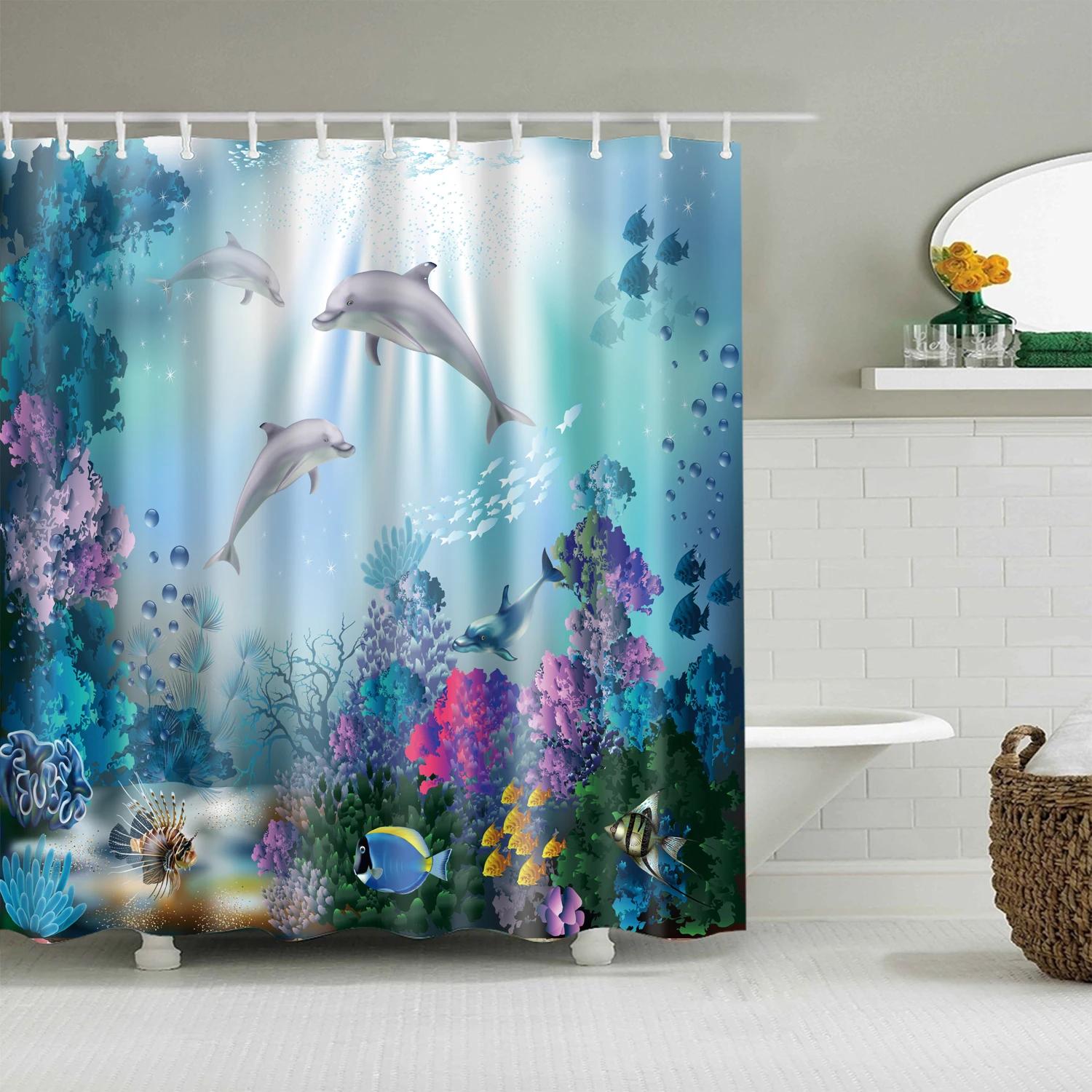 

Sea Animals Fish Cartoon Shower Curtain Bathroom Curtain Frabic Waterproof Polyester Bath Curtain With Hooks W60H190(CM)-1 Pcs