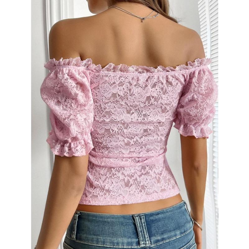 Summer Boat Neck Solid Color Lace Crop Top Women Short Sleeve All-match Sexy Off the Shoulder Hollow Out Tee