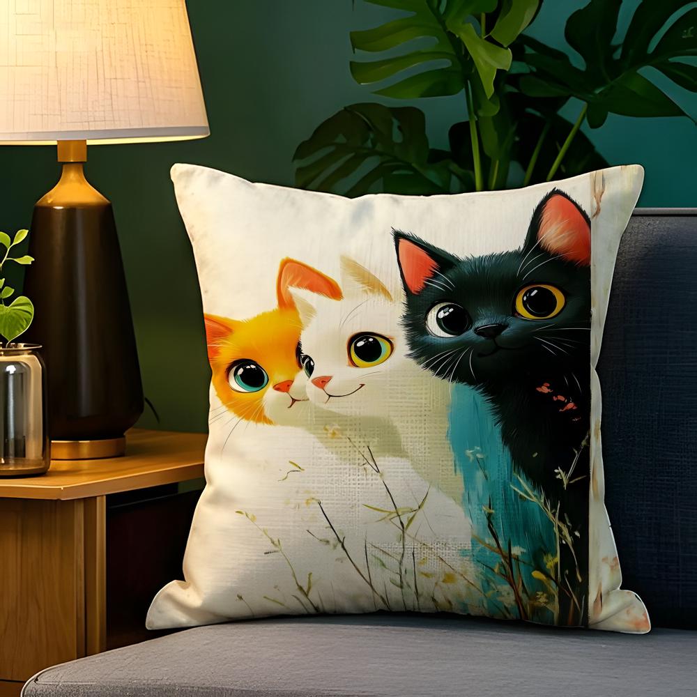 Spring Sunshine Cat Illustrations Pillow Case Natural Linen Pillow Case DoubleSided Decor Sofa Pillowcase Home Decor
