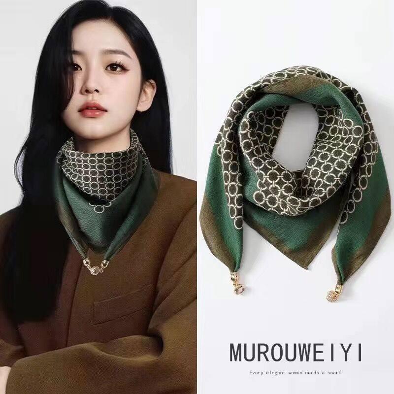 Women's Silk Magnetic Buckle Scarf: Versatile Square Scarf, Cotton Linen Neck Protector, All-Match Triangle Pendant Scarf Necklace.