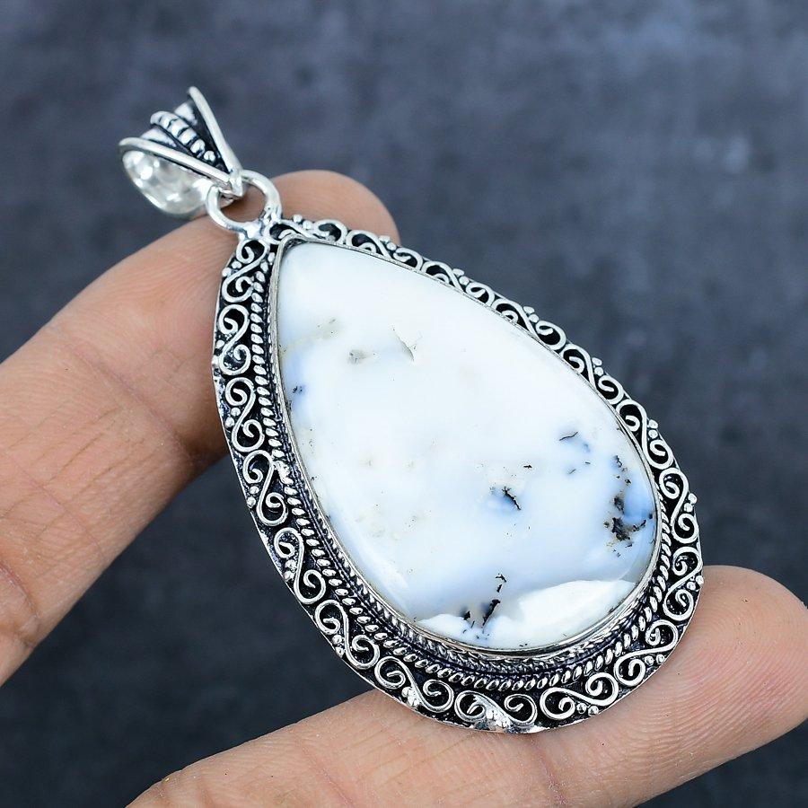 Natural Dendrite Opal Gemstone 925 Sterling Silver Jewelry Pendant 2.76" E7N03