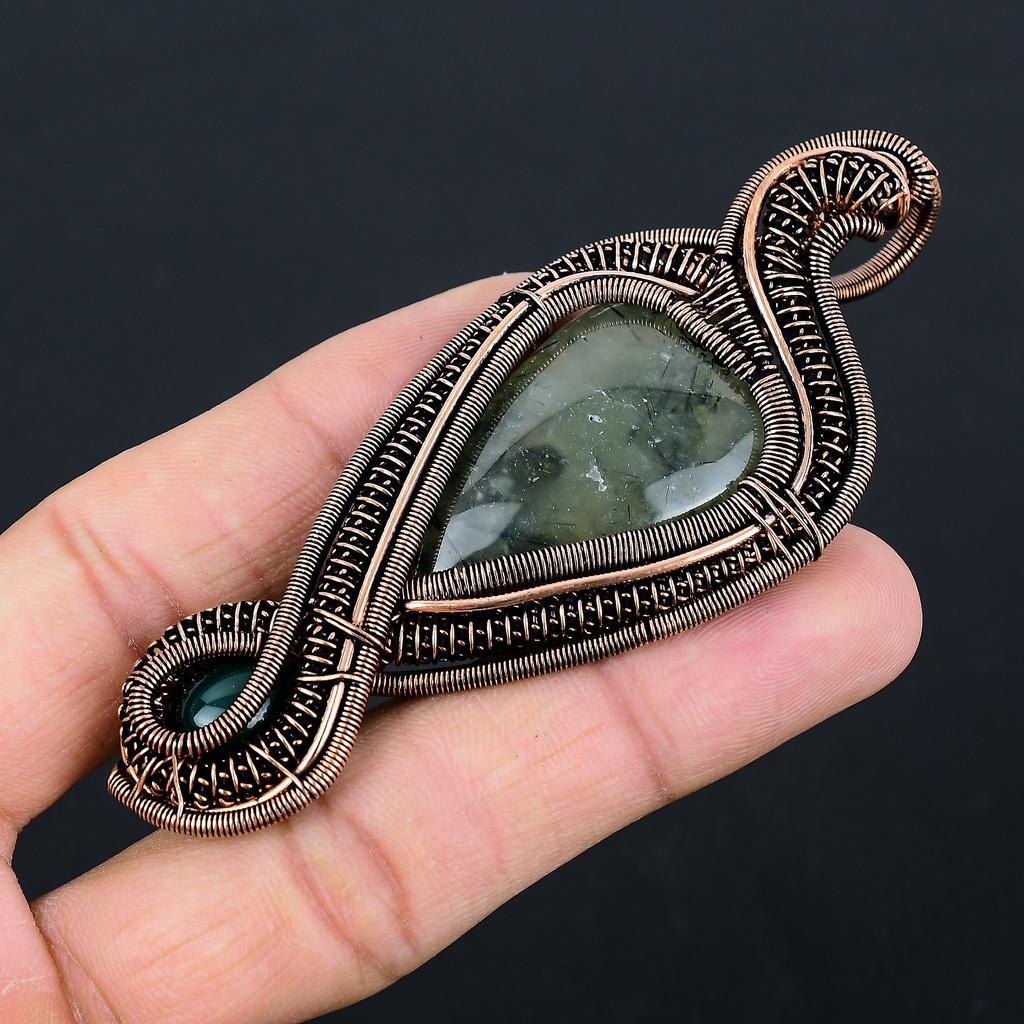 Natürlicher Moosprehnit, grüner Onyx Edelstein Kupferdraht Wickelanhänger 3,74 E4d45
