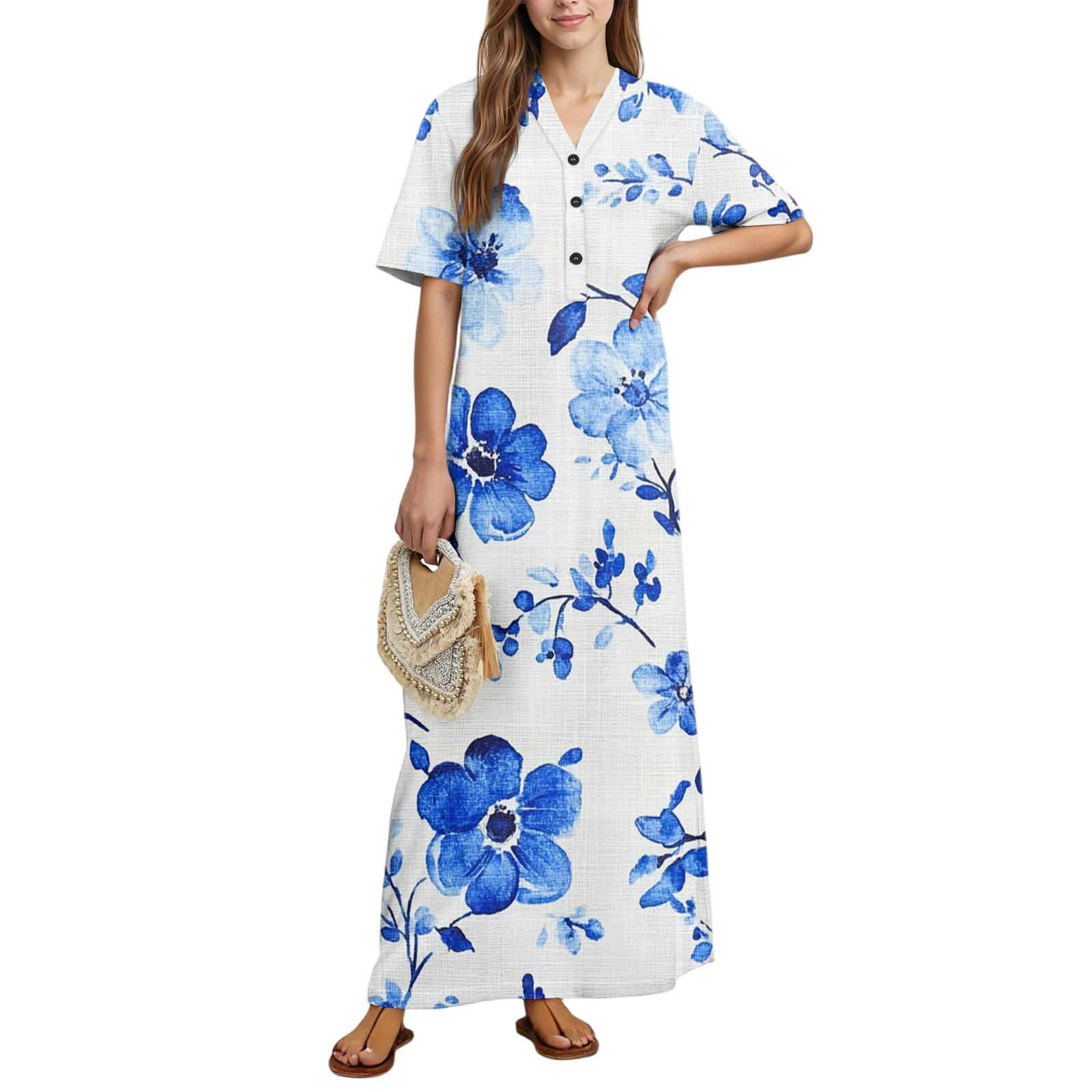 

Женская мода Принтованная ночная сорочка Домашняя одежда Ночная сорочка с коротким рукавом с карманами Длинное платье M белый