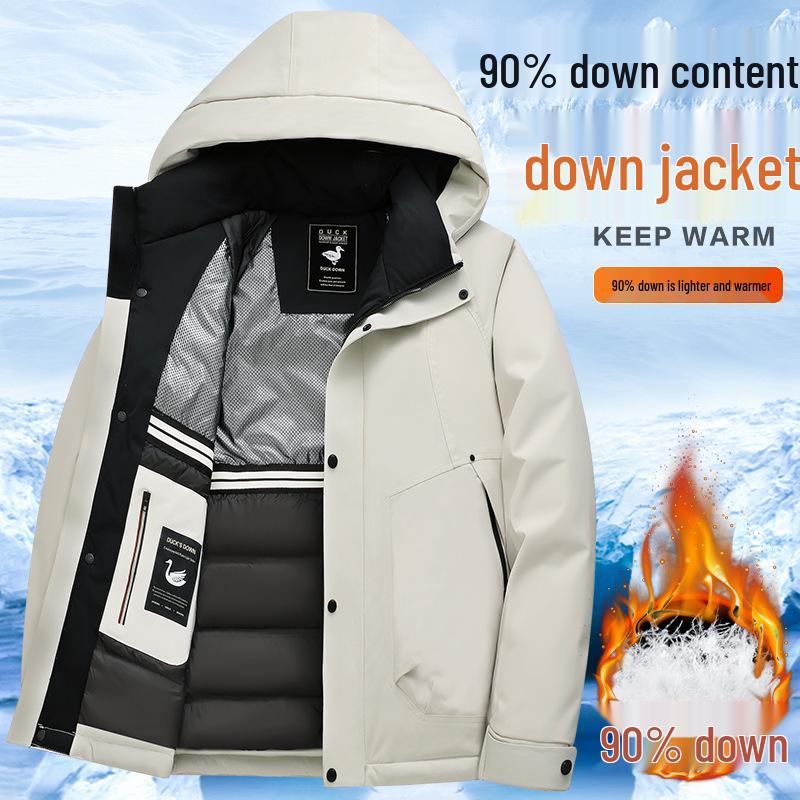 Pánská zimní zesílená péřová bunda s kapucí pro venkovní ochranu před chladem a horolezectví.