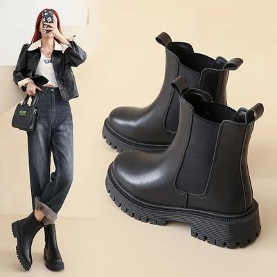 Stiefel Damen Chelsea Schwarz Knöchelhoch Flach Plateau Damenschuhe Weiblich All Match Klassisch Prägnant Mode Runde Zehenschuhe
